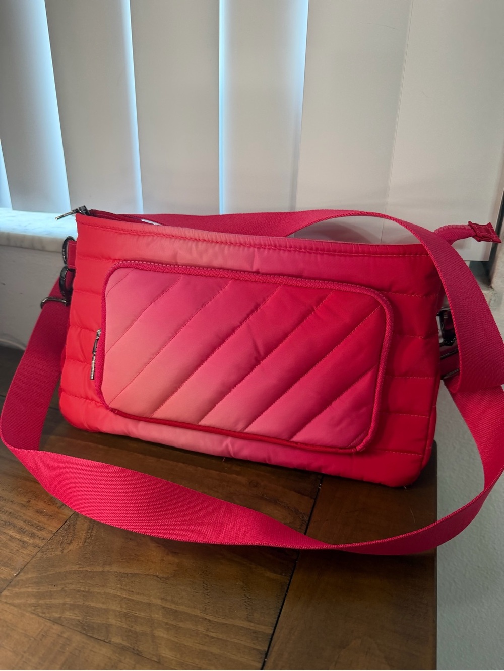 Think Royln Pink Puffer Quilted Crossbody Bag Zip Closure Detachable Strap